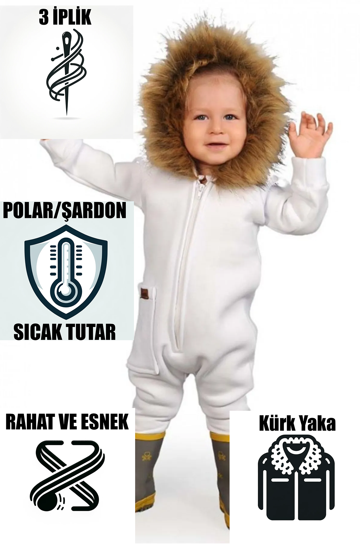 Kürk Yaka Beyaz Kapüşonlu İçi Polarlı Tulum
